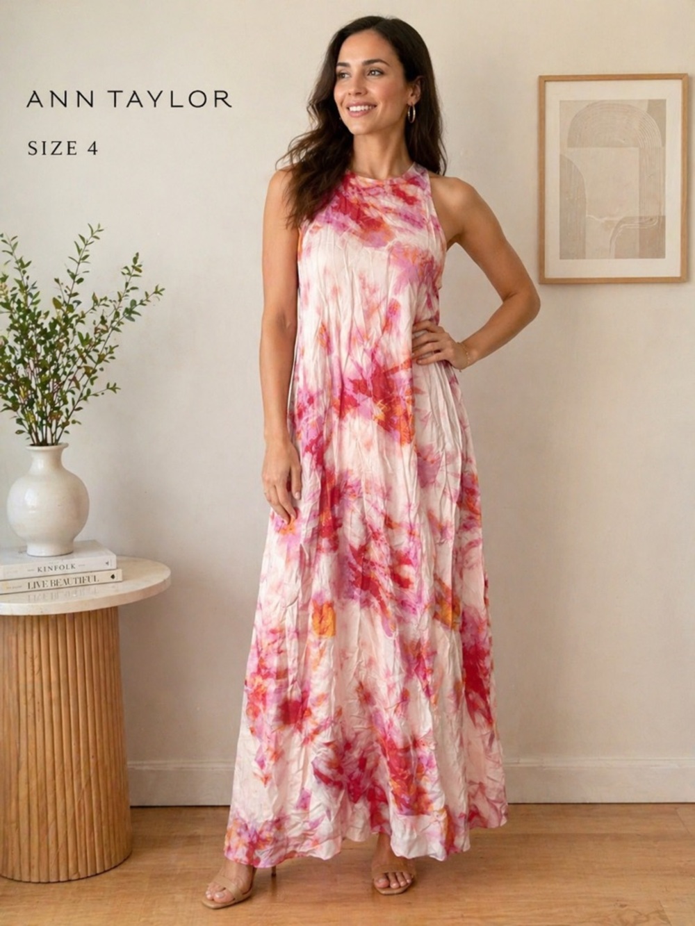 Ann Taylor Pink & Orange Tie-Dye Halter Maxi Dress